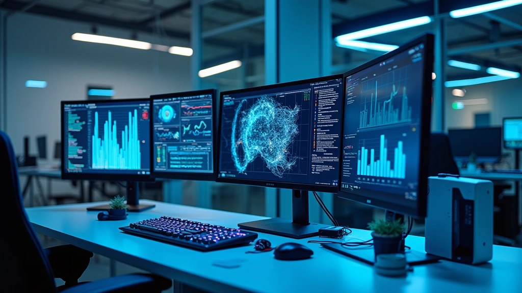 Futuristic laboratory workspace with multiple monitors showing data visualization, advanced computing equipment, clean tech research environment with LED lighting