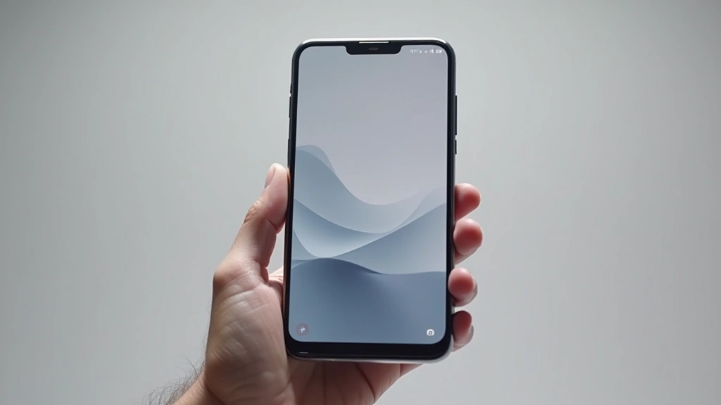 Sleek smartphone displaying minimalist home screen interface, aluminum frame with matte finish, held at angle showing premium design, modern tech device photography lighting, neutral background