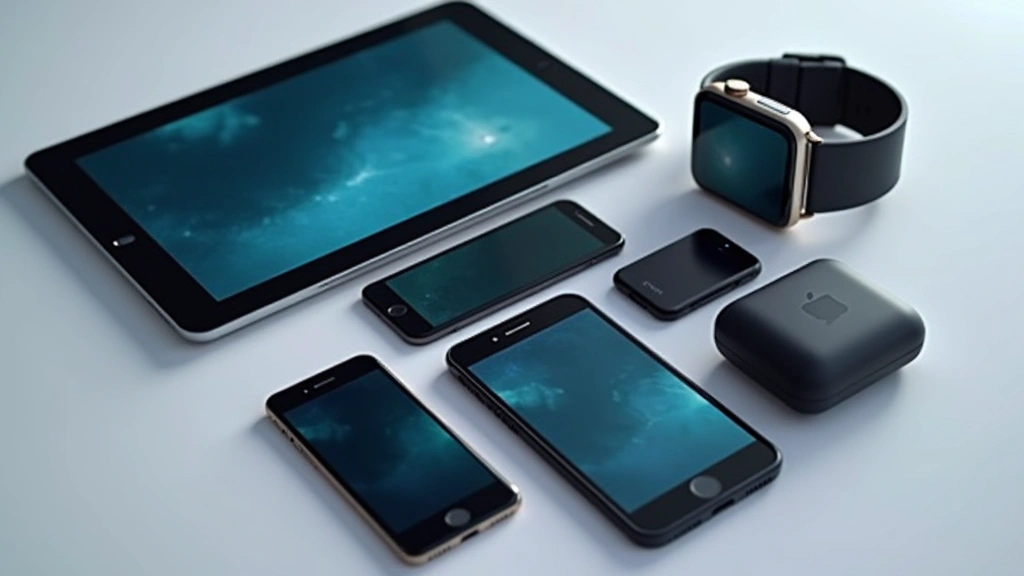 Multiple connected tech devices arranged artfully including smartphone, tablet, and smartwatch, showcasing ecosystem integration and synchronized displays, professional product photography style