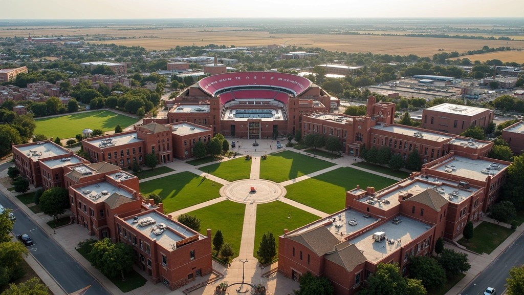 Aerial view of Texas Tech University sprawling campus with distinctive red brick buildings, green quad areas, and Jones AT&T Stadium visible, West Texas landscape in background, professional photography style