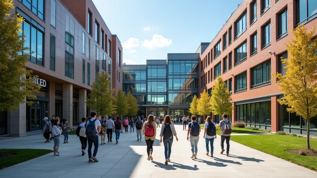 Modern college campus student center building with contemporary architecture, glass and brick construction, students walking between classes with backpacks, sunny day with clear sky, vibrant campus atmosphere