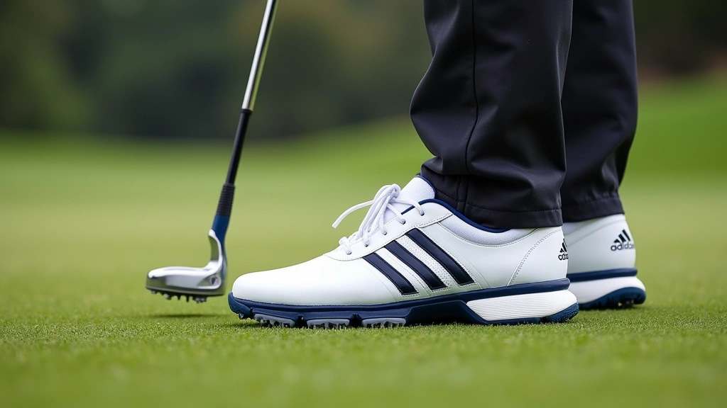 Professional golfer wearing white and navy Adidas golf shoes standing on manicured grass fairway, detailed shoe outsole visible, natural daylight, high-resolution product photography