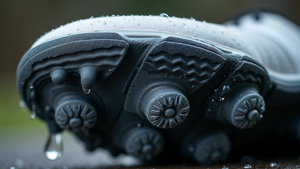 Close-up of golf shoe midsole and outsole rubber lugs with varying tread patterns, water droplets on surface, technical macro photography showing material texture and engineering details