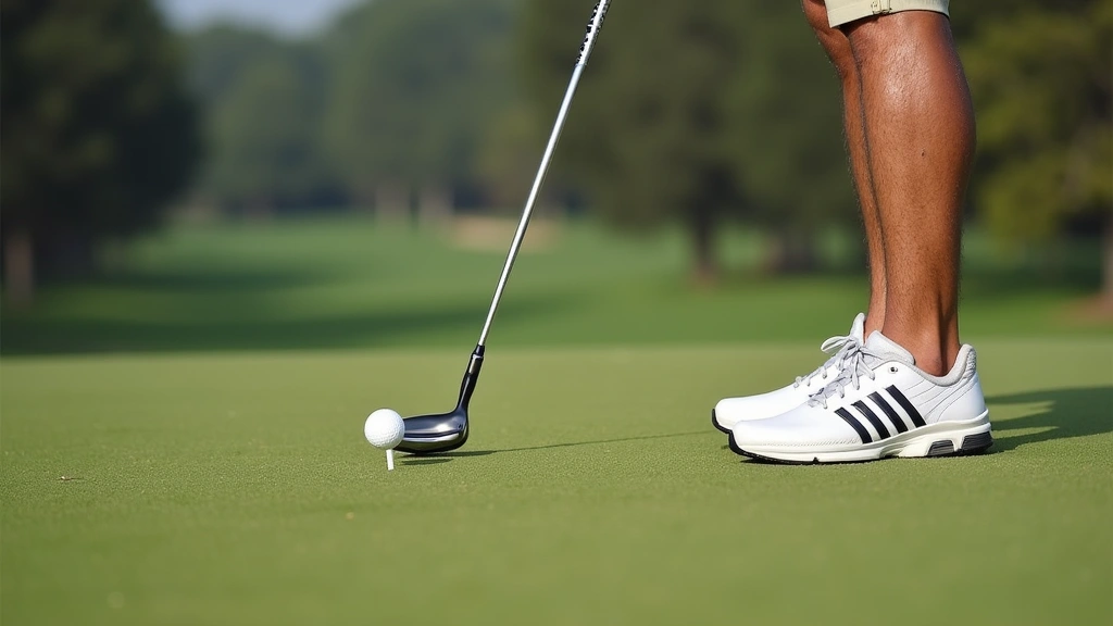 Golfer mid-swing wearing Adidas Tech Response 3.0 shoes on green course grass, dynamic motion capture, professional golf setting with blurred background, athletic performance focus