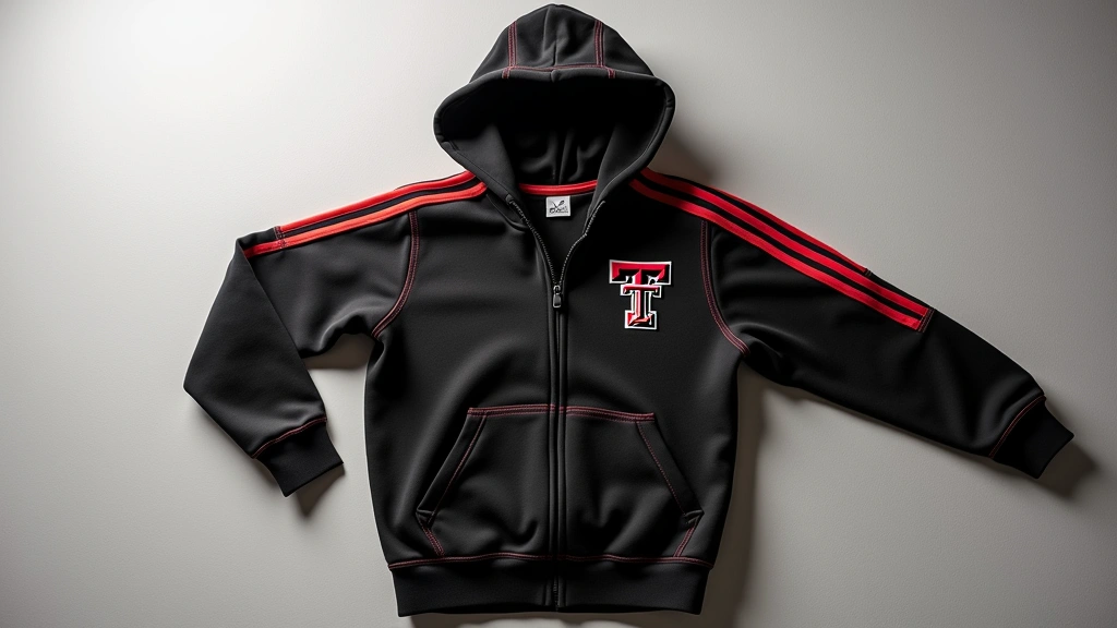 Adidas Texas Tech fleece hoodie laid flat displaying construction quality, embroidered crest detail, and kangaroo pocket, overhead studio shot with professional lighting