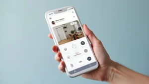 Smartphone displaying security app dashboard with live camera feeds, door sensor status icons, and armed system indicator, modern minimalist interface design