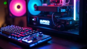 Gaming PC with RGB lighting and high-end graphics card, close-up of glowing components and circuit patterns, photorealistic hardware setup with gaming peripherals