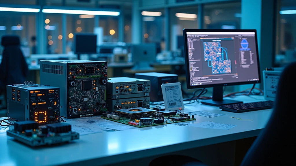 High-tech laboratory workstation with advanced computer hardware components, circuit boards, and testing equipment in modern facility