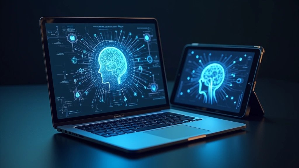Sleek laptop and tablet devices displaying advanced interface with holographic elements and neural network visualizations on screen