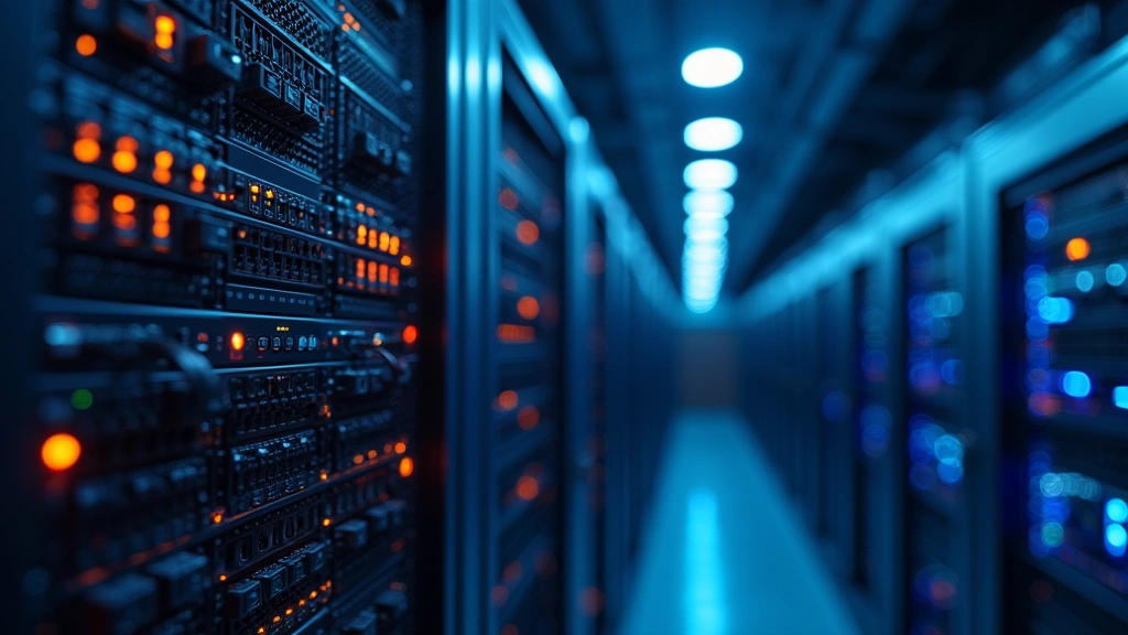 Data center server rack with glowing indicators and fiber optic cables, representing enterprise cloud computing infrastructure