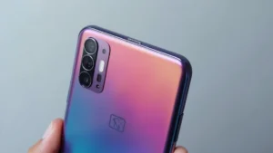 High-end smartphone with titanium finish displaying vibrant AMOLED screen, held at angle showing camera array and premium design details, professional product photography on neutral background