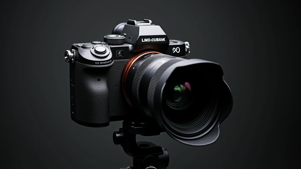 Professional mirrorless camera with premium lens attached, positioned on tripod with photography accessories visible, studio lighting highlighting metallic details and optical glass elements