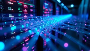 Glowing fiber optic network cables interconnected with blue and purple lighting, data packets flowing through transparent tubes, advanced server equipment with LED status indicators, photorealistic data center visualization