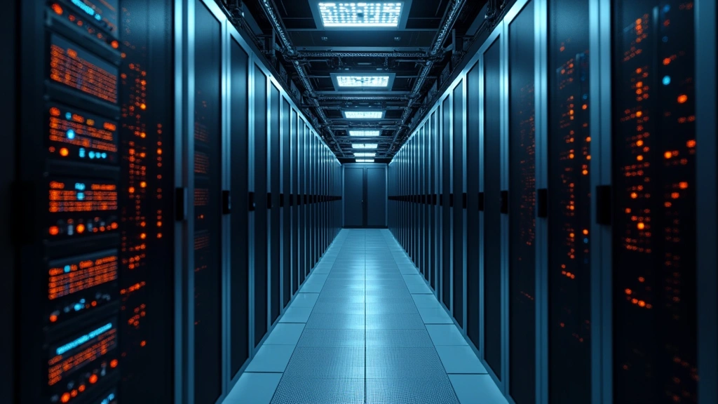 Enterprise server room with rows of black and silver equipment, orange and blue indicator lights blinking, fiber optic cables neatly organized, cooling systems visible, professional data center environment