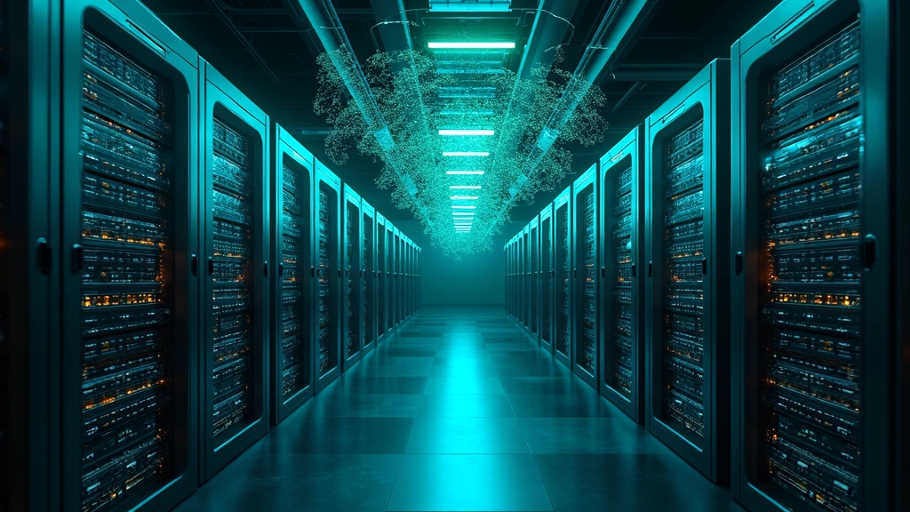 Large scale computational infrastructure with interconnected nodes, holographic data visualization floating above equipment, ambient blue-green lighting, rows of enterprise servers, futuristic but realistic tech facility