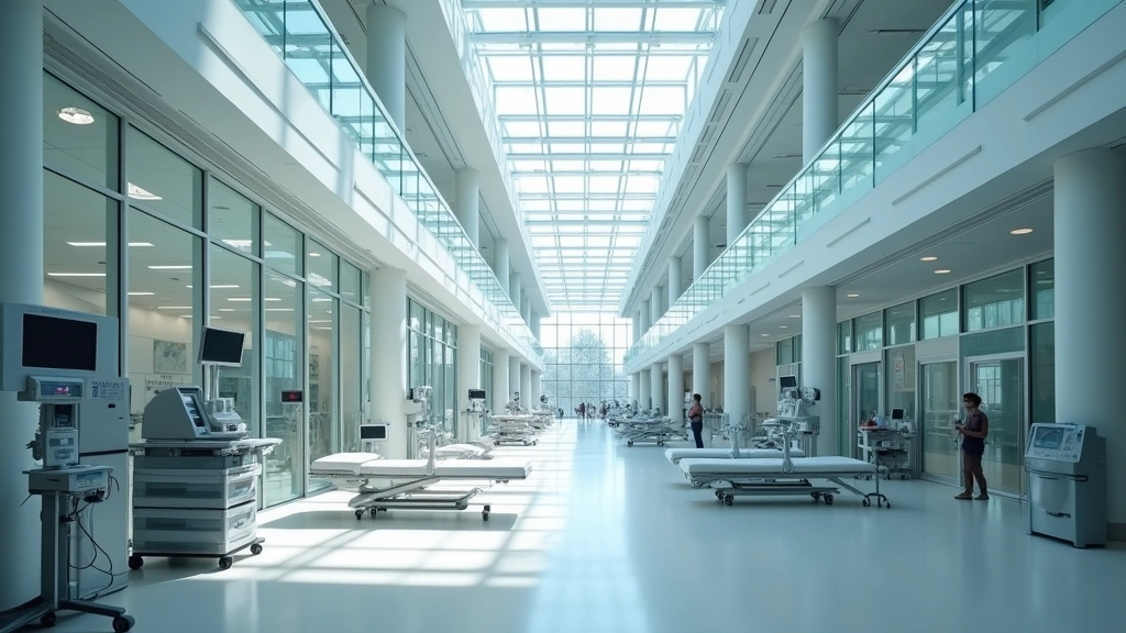 Modern hospital atrium with sleek medical equipment and glass architecture, natural lighting streaming through skylights, contemporary healthcare facility interior design, no people visible