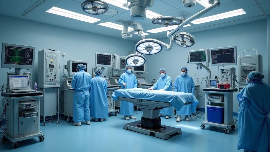 Advanced surgical robotic system in sterile operating room with precision instruments and monitors, surgical suite infrastructure, high-tech medical equipment setup, no human subjects