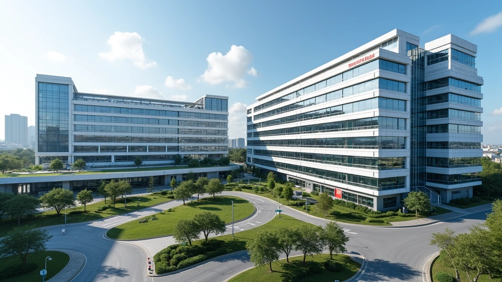 Integrated medical facility exterior with modern architecture, multiple connected buildings, healthcare campus design with landscaping, contemporary hospital complex, daytime photography