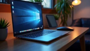 Professional setup showing modern AI-powered laptop with sleek aluminum design on wooden desk, ambient lighting reflecting off screen, surrounded by minimalist tech accessories, photorealistic professional environment