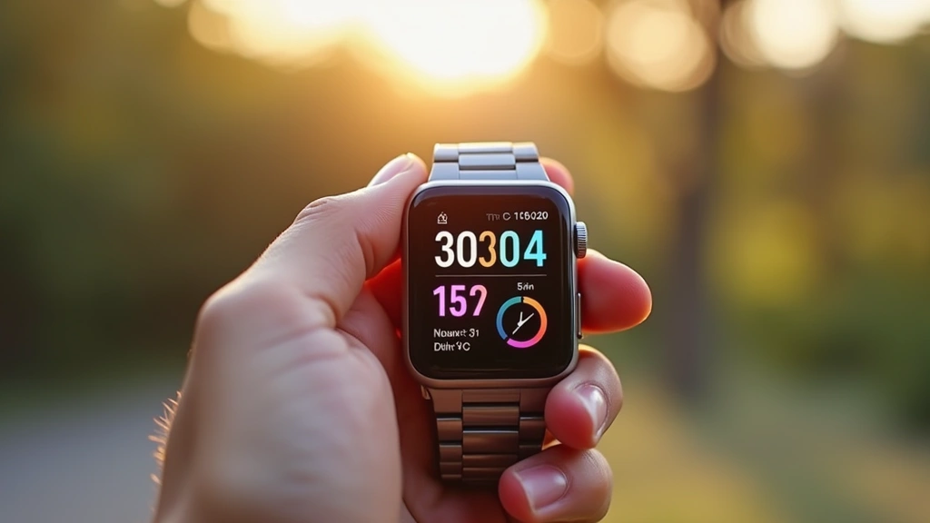 Smartwatch with vibrant AMOLED display showing health metrics, premium stainless steel case, held in hand against blurred outdoor background with natural sunlight, detailed screen visible, photorealistic product photography