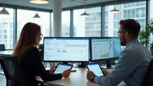 Modern minimalist law office with attorneys using tablets and computers displaying legal software dashboard interface, contemporary workspace with natural lighting, sleek monitors showing case management screens
