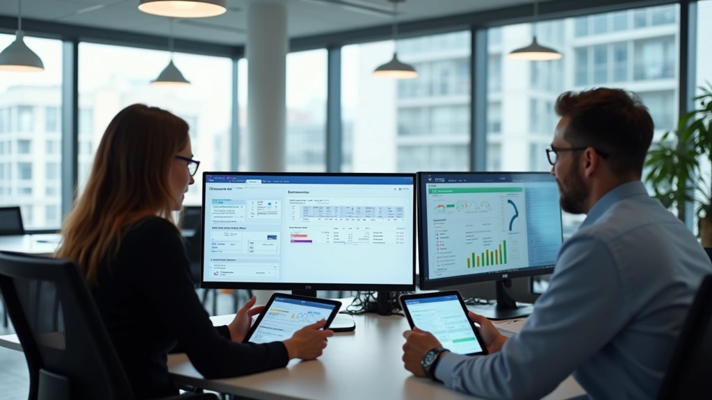 Modern minimalist law office with attorneys using tablets and computers displaying legal software dashboard interface, contemporary workspace with natural lighting, sleek monitors showing case management screens