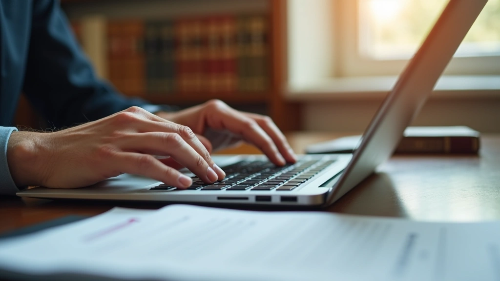 Close-up of professional hands typing on laptop keyboard with legal documents and case files visible on desk, warm office lighting, focused work environment with law books in background