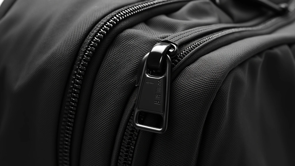 Close-up of premium ballistic nylon material texture with reinforced YKK zipper and metal hardware on professional black backpack