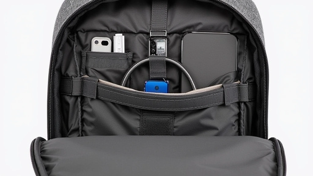 Organized backpack interior showing padded laptop compartment, cable routing channels, and elastic dividers with tech accessories neatly arranged
