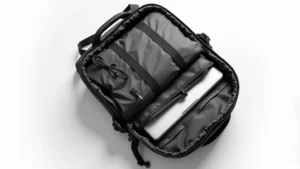 Flat lay of open Aer Tech Pack 2 showing interior organization compartments with laptop padding, tech cable organizer, and storage pockets visible from above, professional lighting on white background