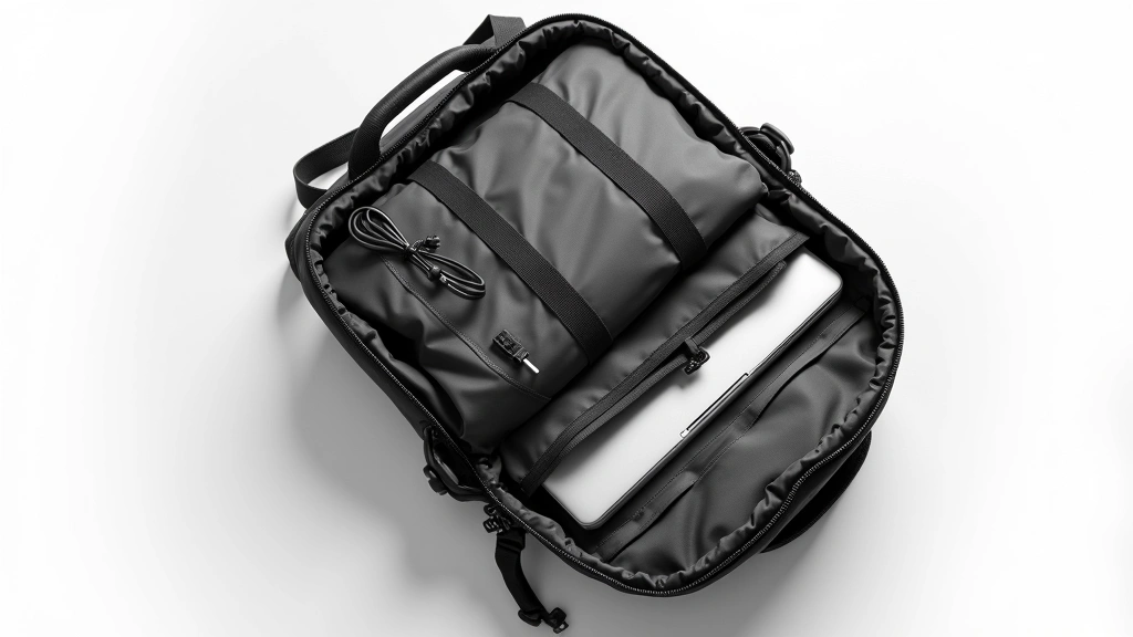 Flat lay of open Aer Tech Pack 2 showing interior organization compartments with laptop padding, tech cable organizer, and storage pockets visible from above, professional lighting on white background