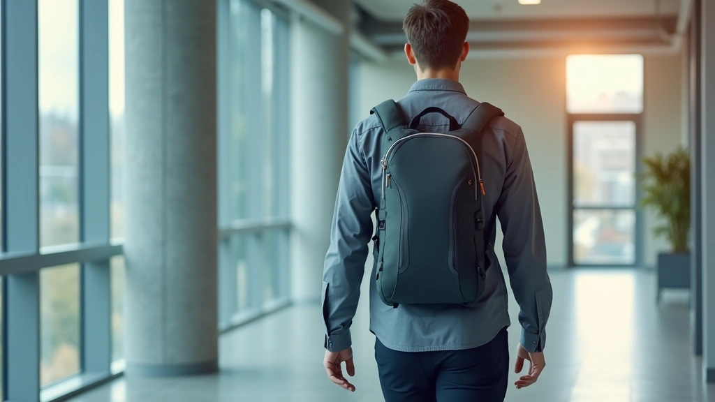 Person wearing Aer Tech Pack 2 walking through modern office building corridor with natural window light, pack positioned on shoulders showing ergonomic fit and professional aesthetic styling