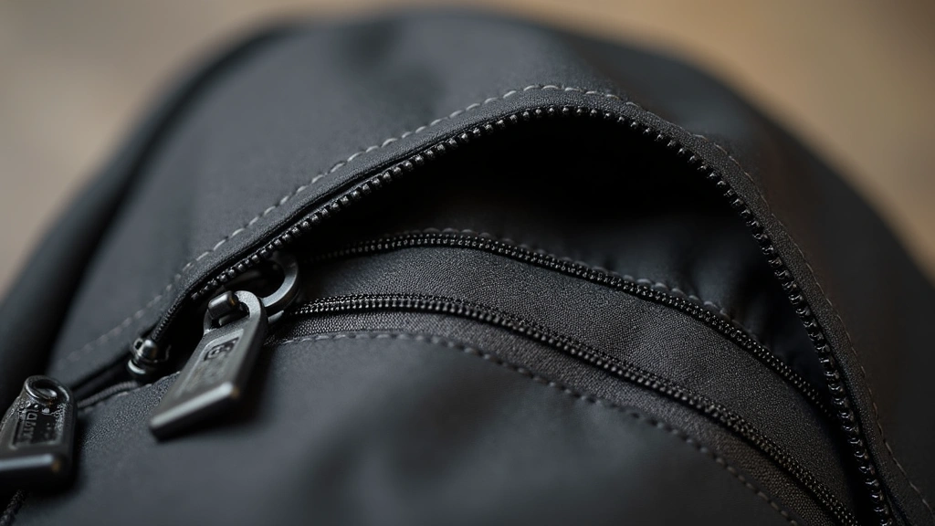 Close-up detail shot of Aer Tech Pack 2 showing YKK zipper mechanism, ballistic nylon texture, reinforced stitching at stress points, and metal hardware attachment, macro photography with shallow depth of field