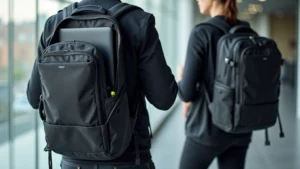 Professional tech backpack with open compartments showing padded laptop sleeve and organized cable management system, modern minimalist design, professional environment backdrop