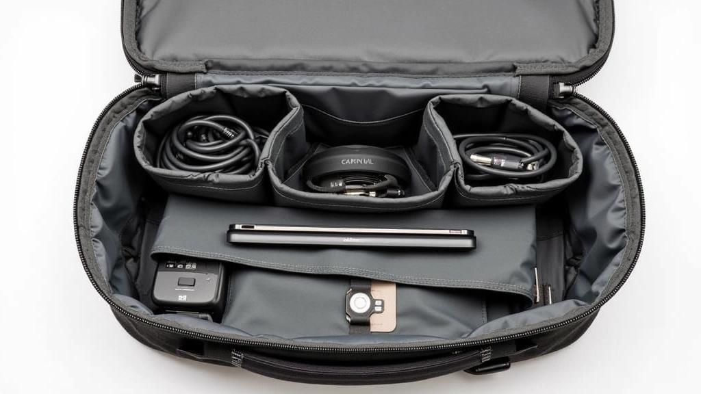 Interior view of Aer Tech Pack 3 displaying multiple compartments, padded tablet pocket, cable organizers, and organized tech accessories neatly arranged