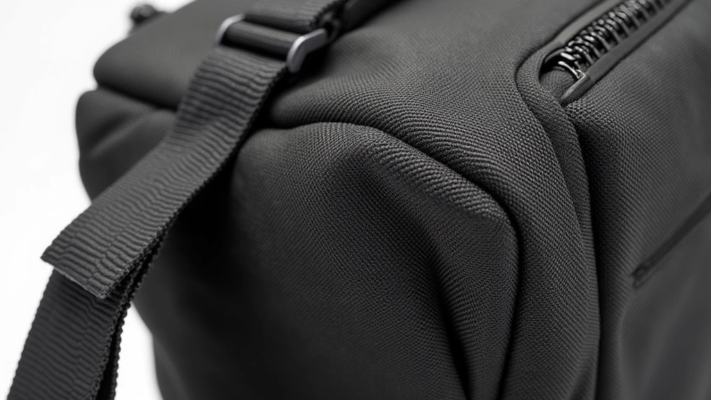 Close-up detailed shot of reinforced stitching, YKK zipper mechanism, and padded shoulder strap construction showing premium materials and durability features