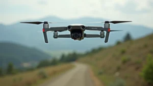 Professional drone hovering above landscape with detailed gimbal camera system, high-speed racing FPV quadcopter with carbon fiber frame, and premium transmitter controller visible together in focused composition