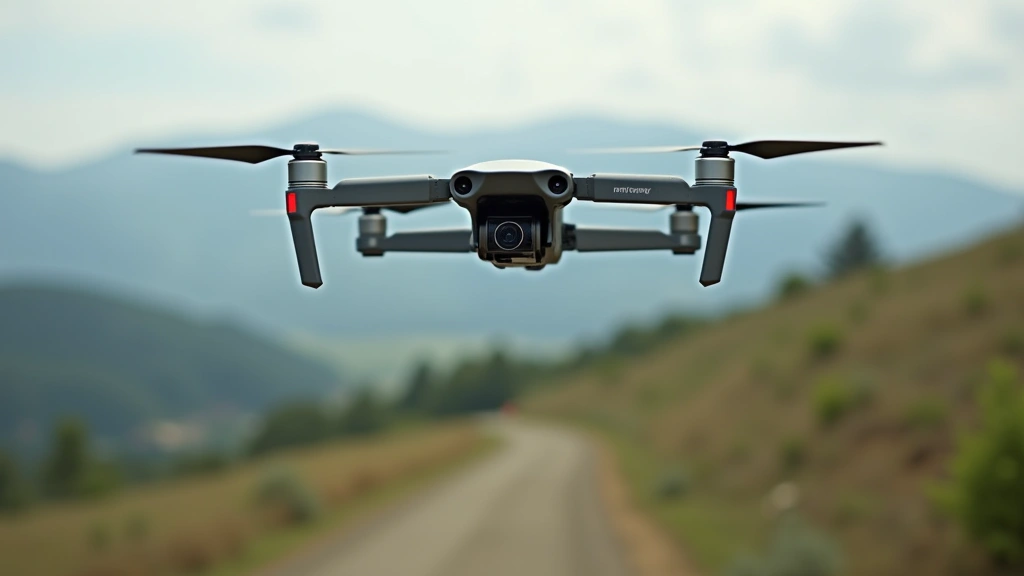 Professional drone hovering above landscape with detailed gimbal camera system, high-speed racing FPV quadcopter with carbon fiber frame, and premium transmitter controller visible together in focused composition