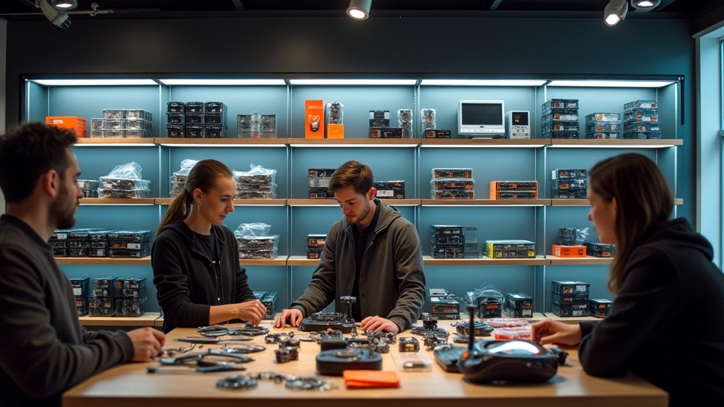 Interior retail display showcasing organized shelves of drone batteries, propellers, and electronic components with customers examining products under professional lighting