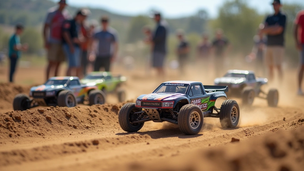 Group of RC vehicle enthusiasts gathered outdoors on dirt track with various electric and nitro-powered cars competing, showing community engagement and hobby passion in natural daylight