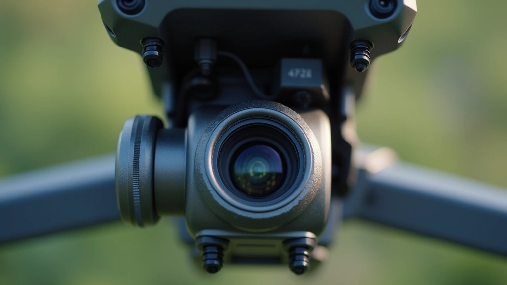 Overhead aerial view of drone camera gimbal and 4K sensor lens assembly in close detail, showing stabilization mechanisms and professional imaging equipment in sharp focus