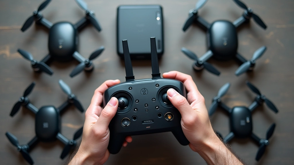 Drone controller and remote transmitter held in hands with multiple battery packs and propellers arranged on table, professional product photography style, tech gadget arrangement