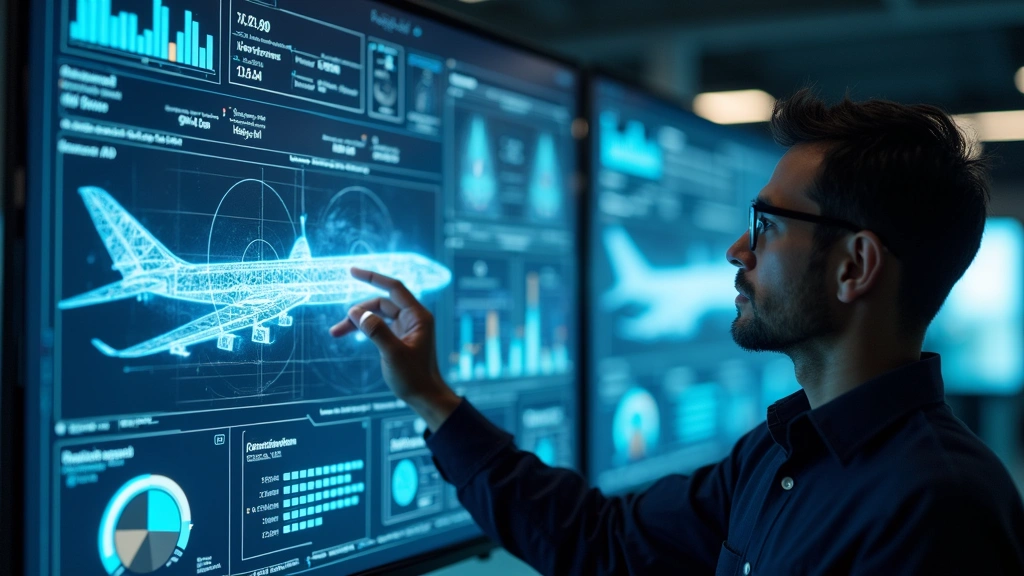 Engineer reviewing technical specifications on holographic display showing system performance metrics and aircraft maintenance data