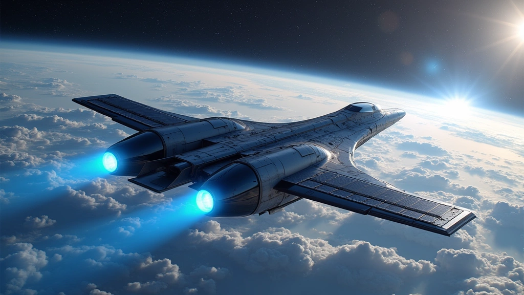 Advanced spacecraft with ion propulsion engines glowing blue, solar panels extended, in Earth orbit above clouds, photorealistic, futuristic design, no logos or text