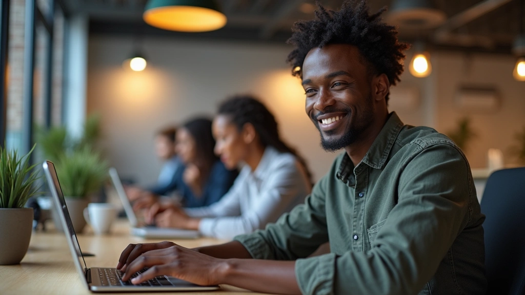 African software developer working on laptop in modern tech office with collaborative workspace, warm lighting, diverse team in background