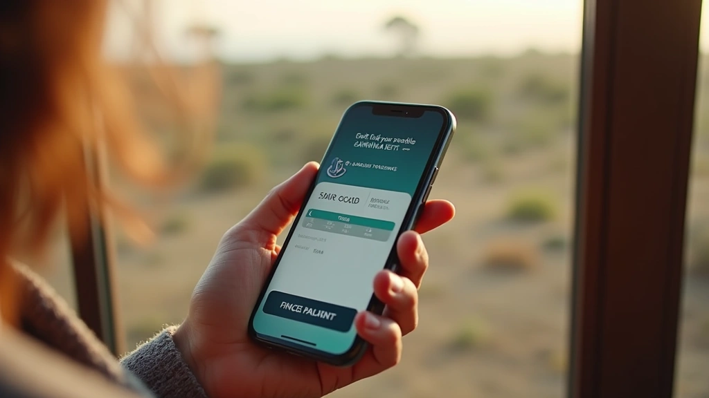 Mobile payment transaction on smartphone with African landscape visible through window, showing digital wallet interface and transaction confirmation