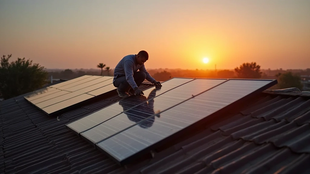 Solar panel installation on African rooftop with smart energy management display visible, technician checking system, sunset lighting