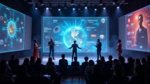 Diverse African and diaspora tech entrepreneurs presenting innovative projects on modern stage with holographic displays and audience engagement