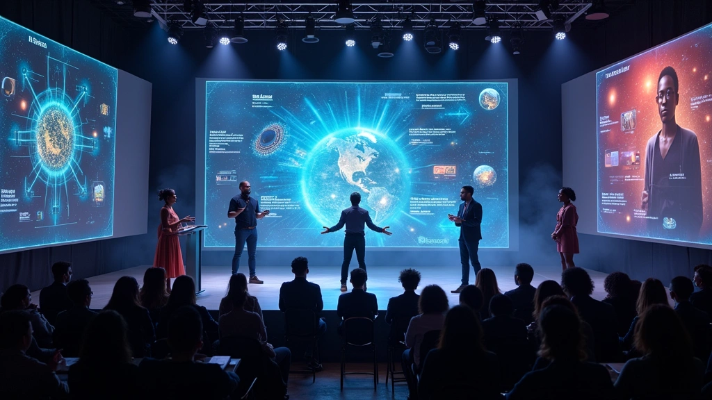 Diverse African and diaspora tech entrepreneurs presenting innovative projects on modern stage with holographic displays and audience engagement