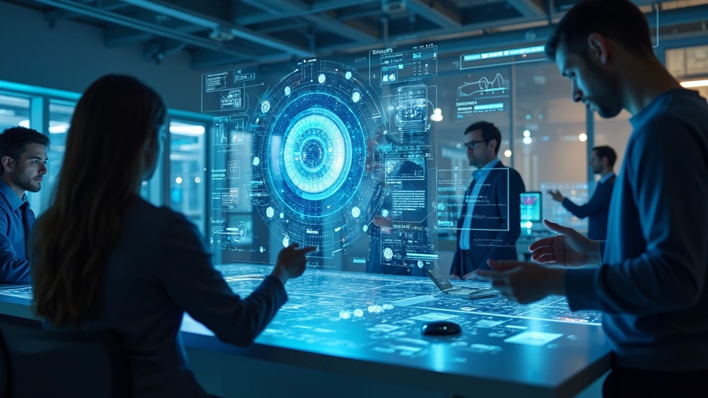 Diverse technology professionals collaborating around holographic displays and futuristic interface systems at an international tech innovation center